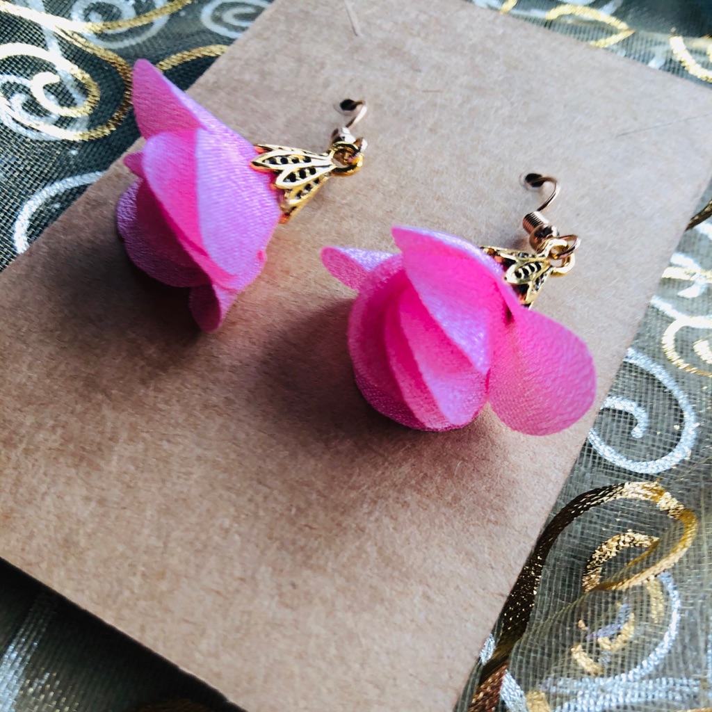 Pink And Gold Flowered Dangly Earrings